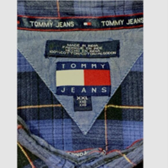 Tommy Jeans Mens XXL Blue Plaid Flannel Button Down Casual Shirt Excellent - Picture 2 of 8